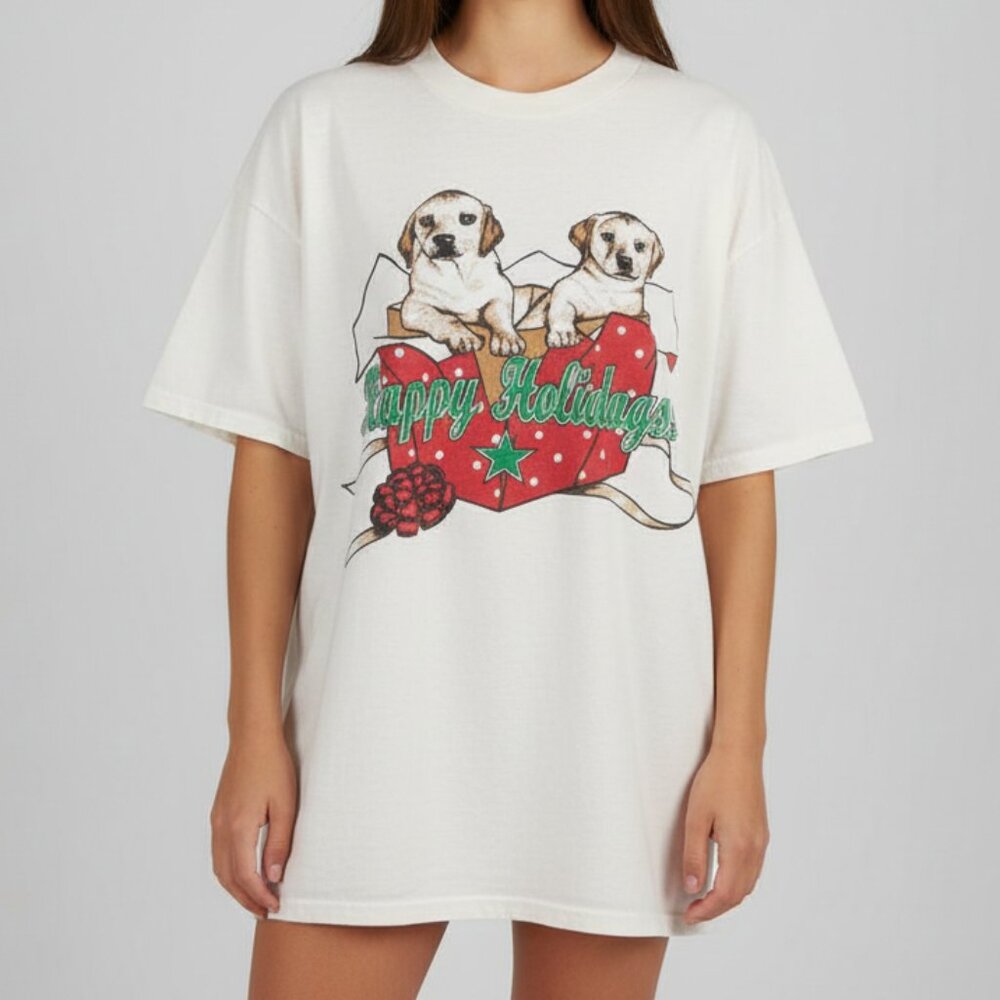 Vintage 90s Sleepygirl Holidogs Christmas Puppy Graphic T-Shirt‎ USA One Size